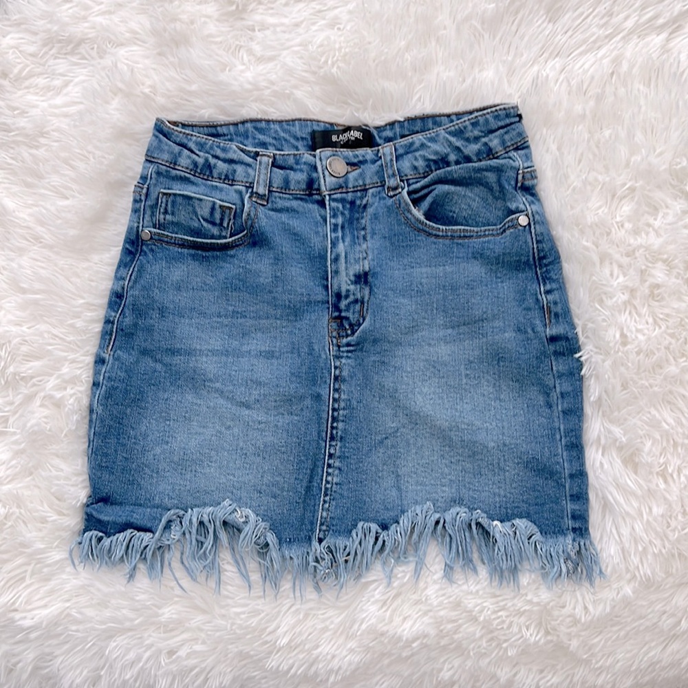 Denim mini skirt-  fringe